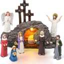 Fovths 9 Pieces Easter LED Cross Shaped Resin Table Decor Resurrection of Jesus Statue Set Easter Resin Tabletop Decoration for Indoor Holiday Home Tabletop Ornaments
