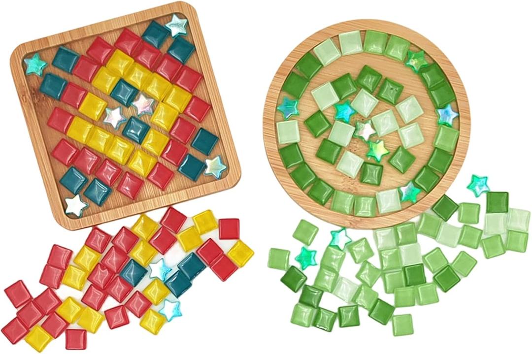 Esweny 2 Sets of Glass Mosaic Tiles for Crafts, Mixed Colors Mosaic Kits with Bamboo Coaster for Adults,Mosaic Crafts Materials Package for Coaster Handmade Home Decor Gifts (Round+Square)