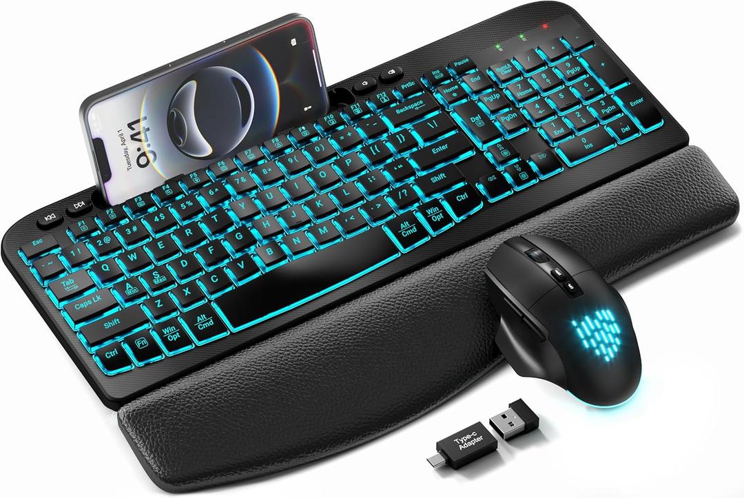 SABLUTE MA22 Pro Wireless Keyboard and Mouse Combo - Ergonomic Wave Keyboard with Soft Leather Wrist Rest, Phone Holder, Rechargeable, RGB Backlit Mouse, Full-Size Set for Windows/Mac/Computer