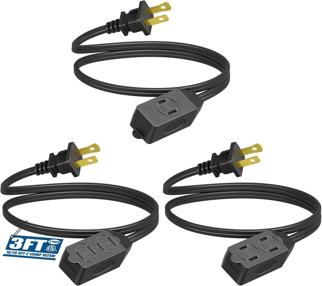 DEWENWILS 3 Outlet Extension Cord, 2 Prong Extension Power Strip, 3ft 16 AWG Power Cord for Indoor Use, Black, ETL Listed, 3 Pack