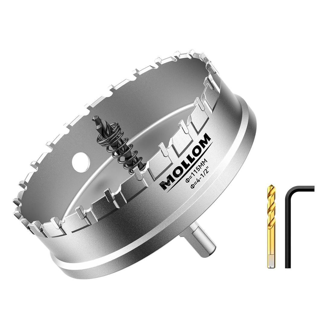 Mollom (4-1/2"|115mm) Heavy Duty Carbide Hole Saw with 2 Pilot Drill Bits, Hole Cutter cuts Stainless Steel, mild Steel, Iron, Copper, Brass, Plastic