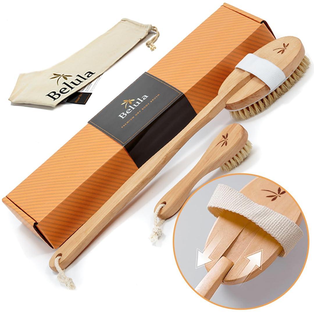 Belula Dry Brushing Body Brush Set - Natural Boar Bristle Body Brush, Exfoliating Face Brush & Bath Gloves - Ideal Dry Skin Brush for Lymphatic Drainage & Healthy Glowing Skin