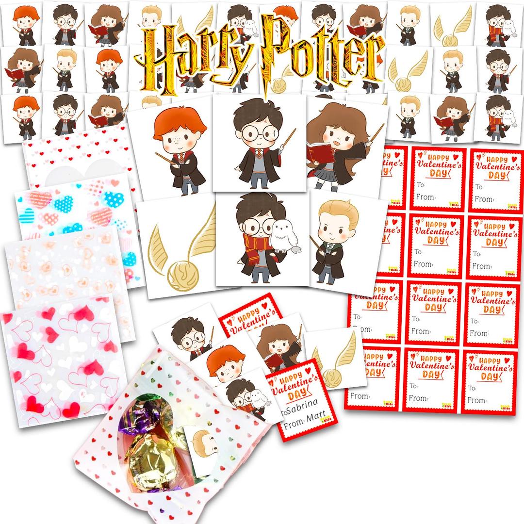 Harry Potter Valentine's Day Classroom Gift Exchange - 24 Student Bundle with Harry Potter Temporary Tattoos, Goodie Bags, To/From Stickers for Valentines Handouts | Valentines Kids Party Favors