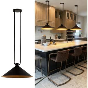 16" Modern Pendant Light Kitchen Island, Industrial Cone Hanging Lamp with Black Metal Shade & Brass Inner Finish, Farmhouse Pendant Light Fixture for Dining Room, Bedroom, Living Room (Black-1 Pack)