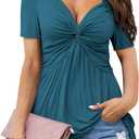 Tankaneo Womens Front Knotted V-Neck Blouse T Shirt Short Sleeve Oversized Tunic Tops Summer Solid Pullover Tees (Small, B06-lake Blue)