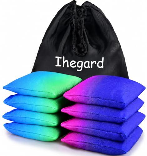 Iheqard Weather Resistant Cornhole Bags, Gradient Corn Hole Bags Set of 8, Cornhole Bean Bags, Modified Size Cornhole Bags for Tossing Game, Includes Tote Bag (DBluePurple & Bluegreen)