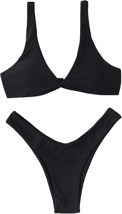 Verdusa Women's Twist Front High Cut Thong Two Piece Bikini Set Swimsuit Slate Black L
