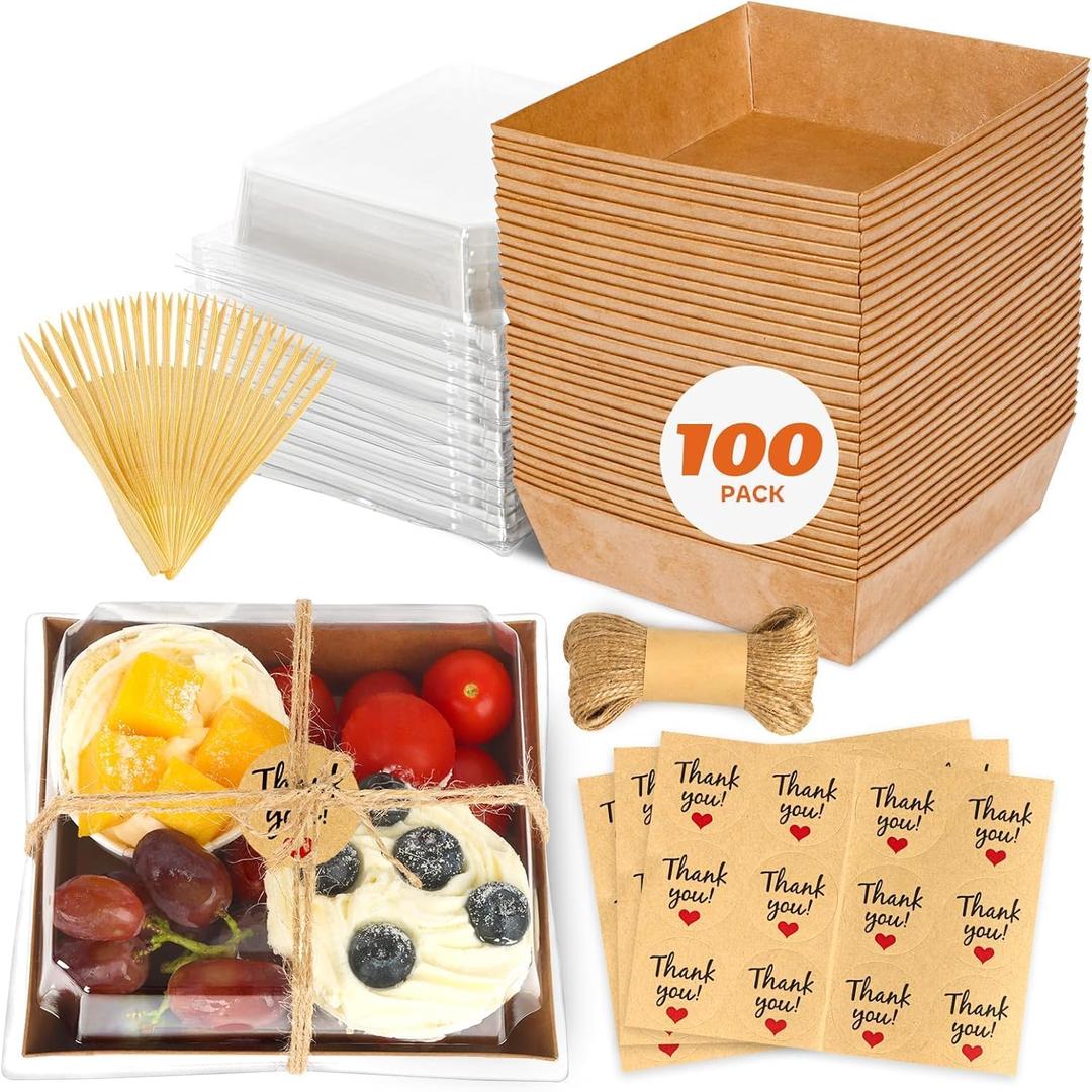 100Pcs Small Charcuterie Boxes with Clear Lids - Paper Mini Charcuterie Boxes To Go, Disposable Food Container with Lid, Dessert Boxes for Sandwich, Cookie, Sushi, Cake Slice, and Strawberries