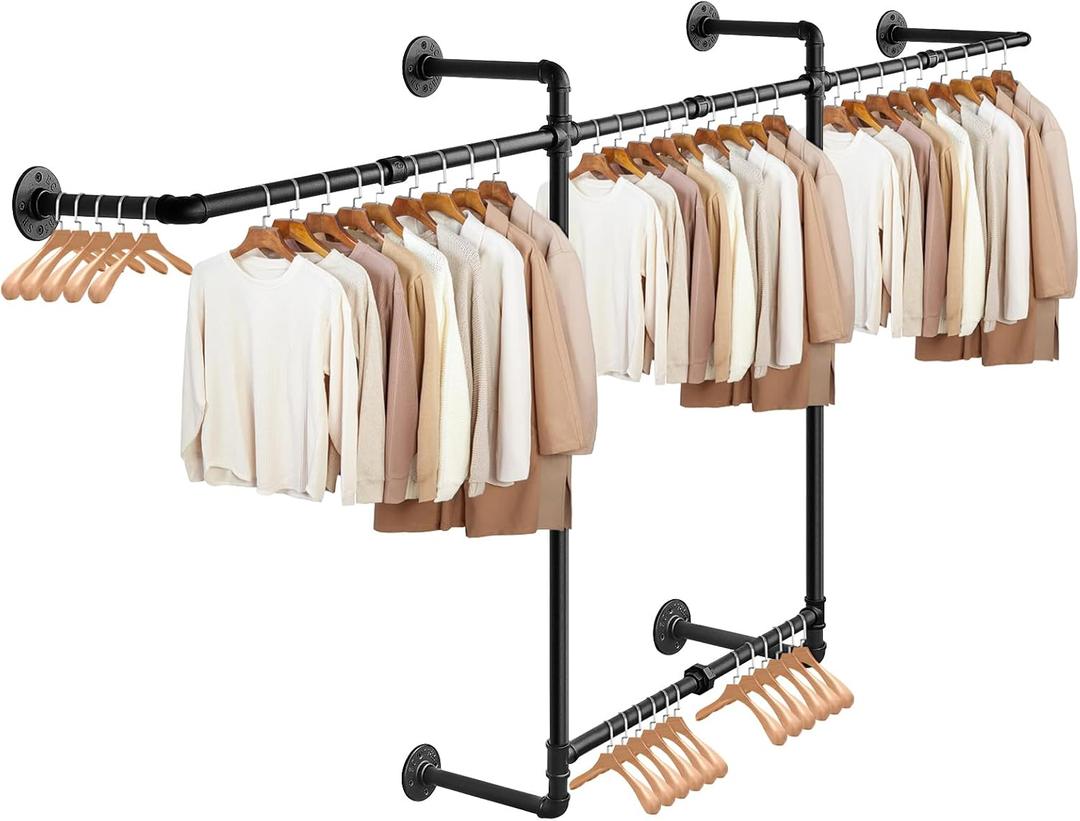 Livabber Industrial Pipe Clothes Rack, Heavy Duty Detachable Iron Garment Rack Wall Mounted, Rustic Saving Space Clothes Bar Multi-Purpose Hanging Rod for Bedroom, Closet, 2 Tier, Black (82 Inch)