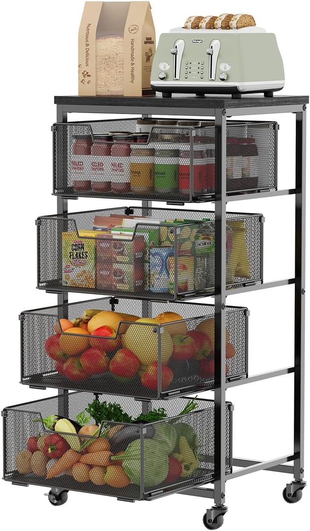 4-Tier Fruit Vegetable Storage Cart - Kitchen Organizer and Storage Cart with Wheels, Wooden Top Metal Wire Fruit Vegetable Rack Stand with Drawers to Storage Cans Snacks for Kitchen(Patent Pending)