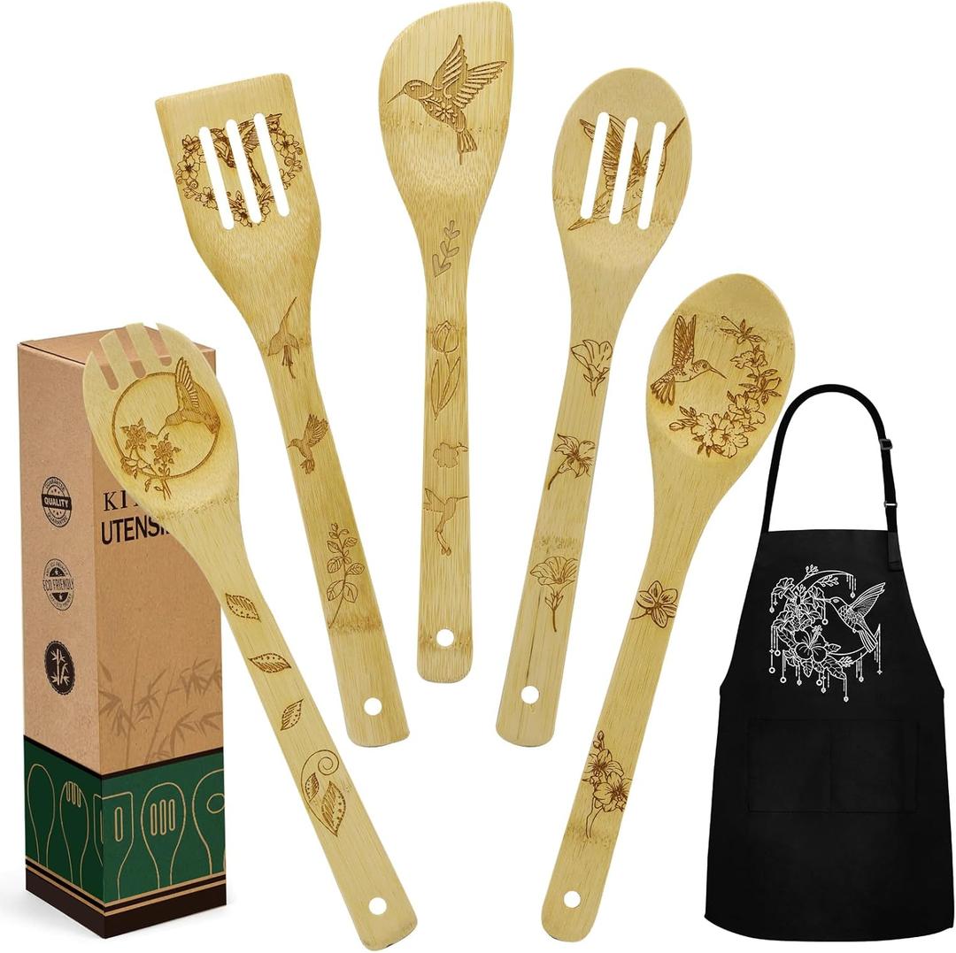 Hummingbird Gifts for Women, Kitchen Decor Cooking Utensils Set include Unique Bamboo Cooking Spoons Apron, Personalized Christmas Mother's Day Housewarming Gift Idea for Mom