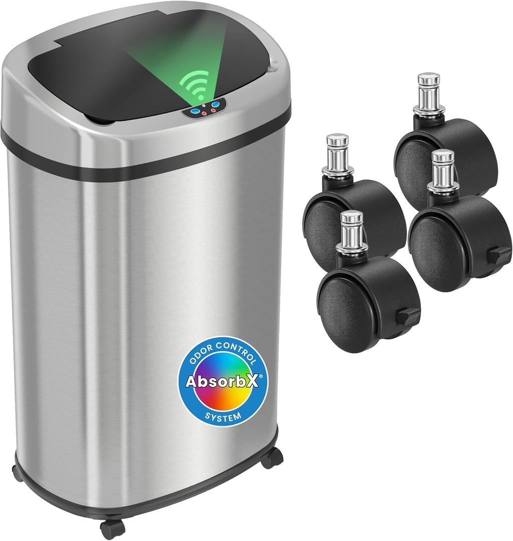 iTouchless SensorCan 50 Liter / 13 Gallon Kitchen Trash Can with Wheels & Odor Filter  Mobile Motion Sensor Stainless Steel Garbage Bin for Home, Office, Garage, Slim Oval Shape Large Capacity Design (Light Silver, Solid Black 13 Gal)