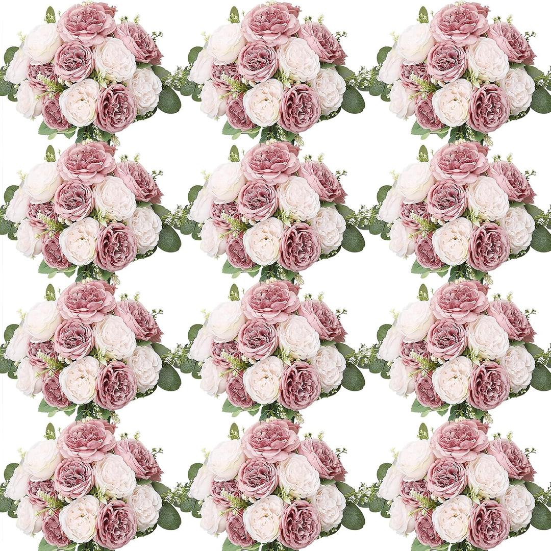 Peonies Artificial Flowers Bulk, 12 Bundles Fake Silk Peonies Faux Eucalyptus Bouquet Realistic Peony Floral Arrangement for Wedding Table Centerpiece Vase Decor (Dusty Pink & Light Pink)