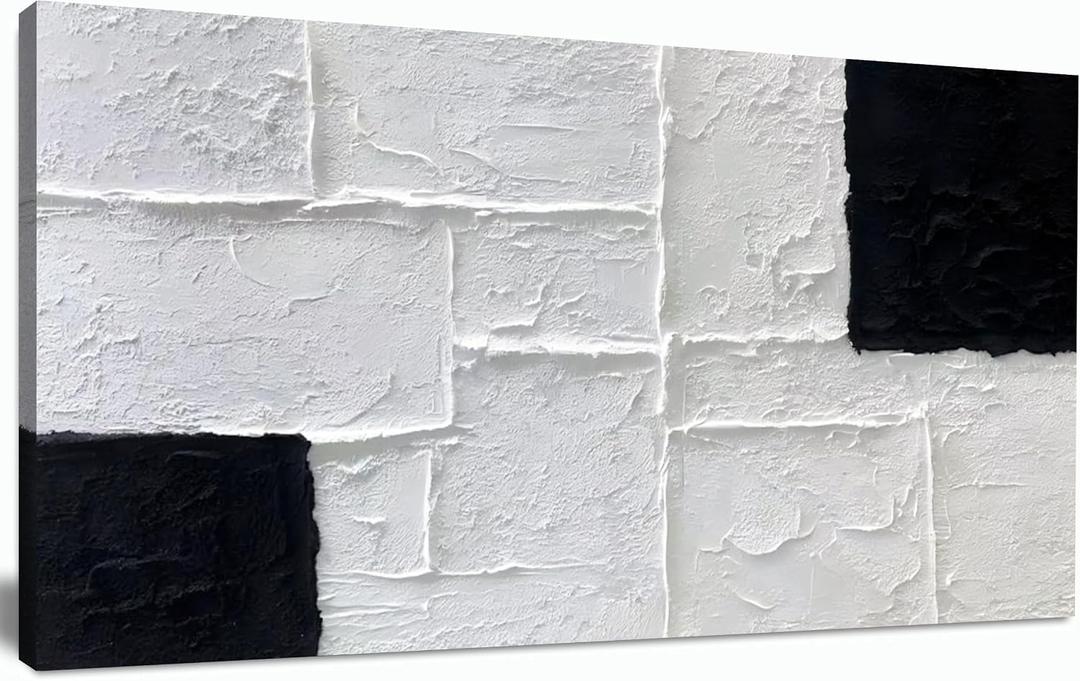 Black and White Abstract Wall Art Textured Rectangle Oil Painting 20"x40"