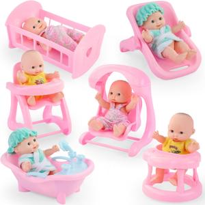 Liberty Imports 6 PCS Mini Baby Newborn Dolls Collection - Includes Cradle, High Chair, Walker, Swing, Bathtub and Infant Seat, Pretend Toys Playset for Kids