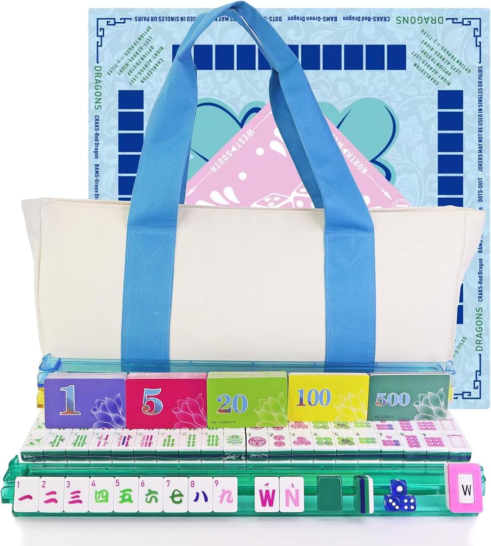 American Mahjong Game Set, Portable Carrying Bag,Acrylic 160 Tiles,Western Mahjong Tiles Set,Complete Ma Jong Set (Green)