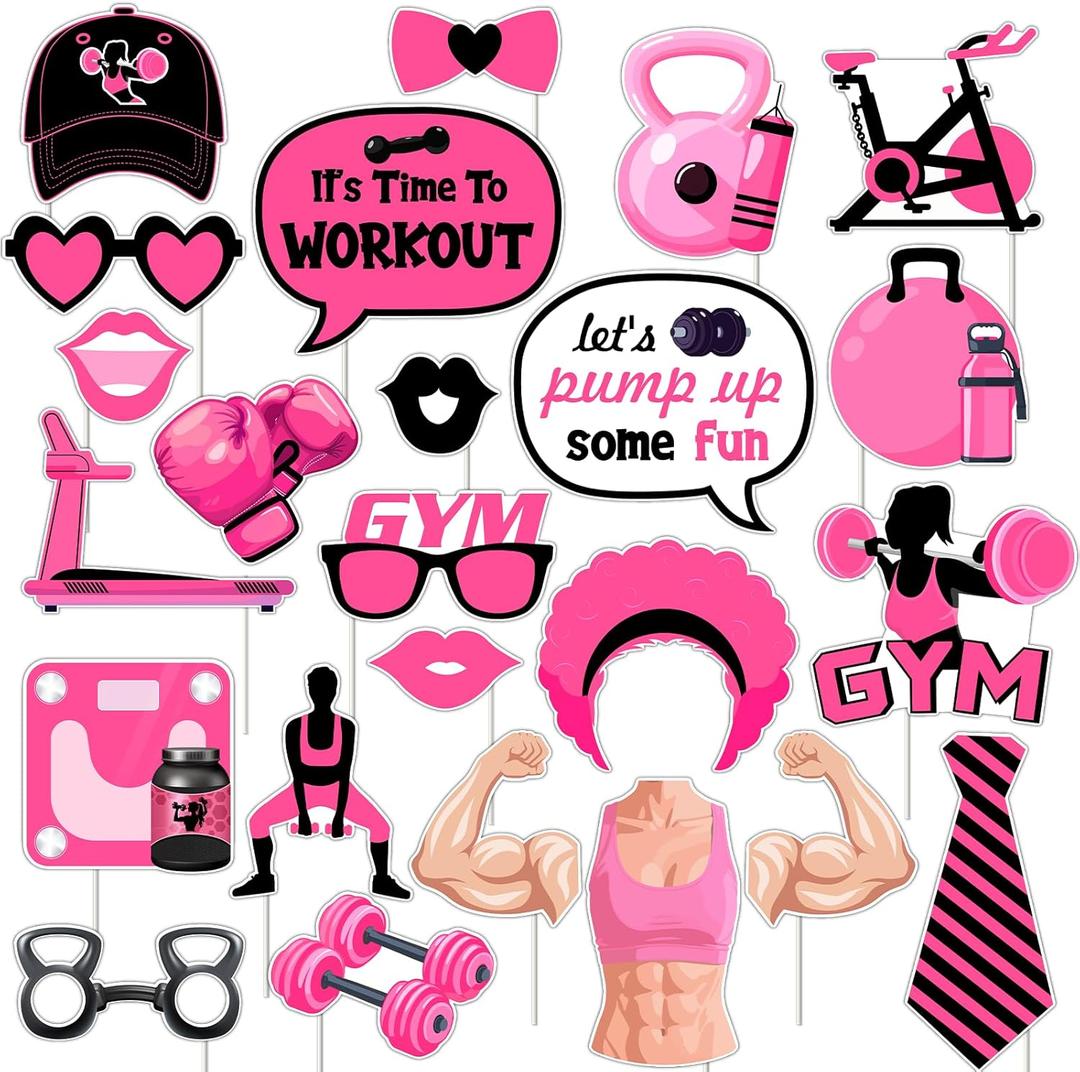 Cheereveal 24Pcs Pink Black Gym Photo Booth Props, Fitness Photography Background for Girls Women, Fitness Weightlifting Sports Theme Birthday Bridal Baby Shower Party Supplies