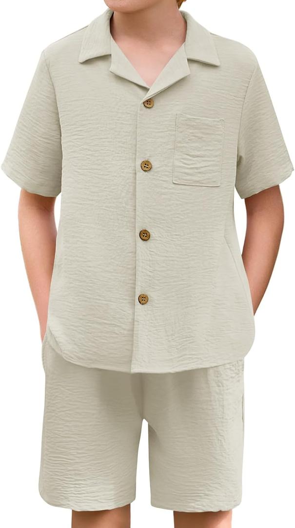 Haloumoning Boys 2 Pieces Summer Outfits Beach Short Sleeve Button Down Shirts and Shorts Vacation Texture Sets for Kids (7-8 Years, Beige)