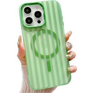 for iPhone 14 Pro Case Magnetic, Compatible with MagSafe, Translucent Matte Shockproof Protection Cover, Cute Striped Design Phone Case for Women Girls Men 6.1" - Green