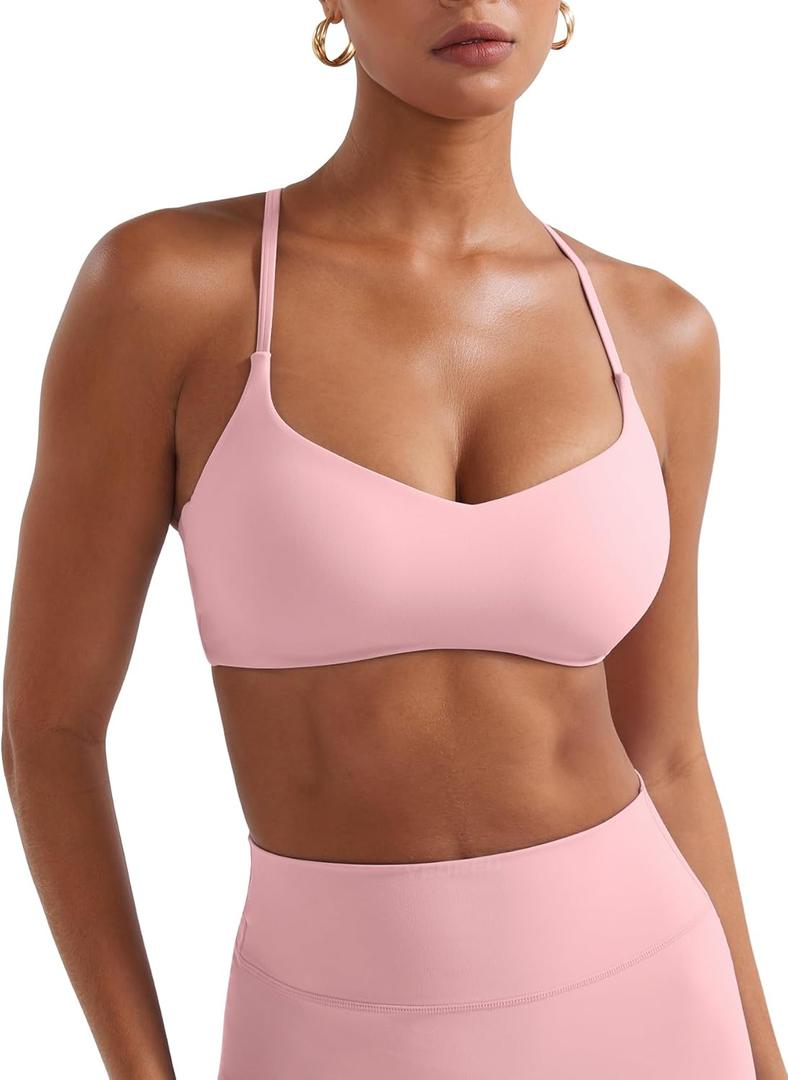 YEOREO Y Back Sports Bras for Women Padded Racerback Bra Paisley Light Impact Adjustable Straps Gym Workout Tops (Small, Baby Pink)