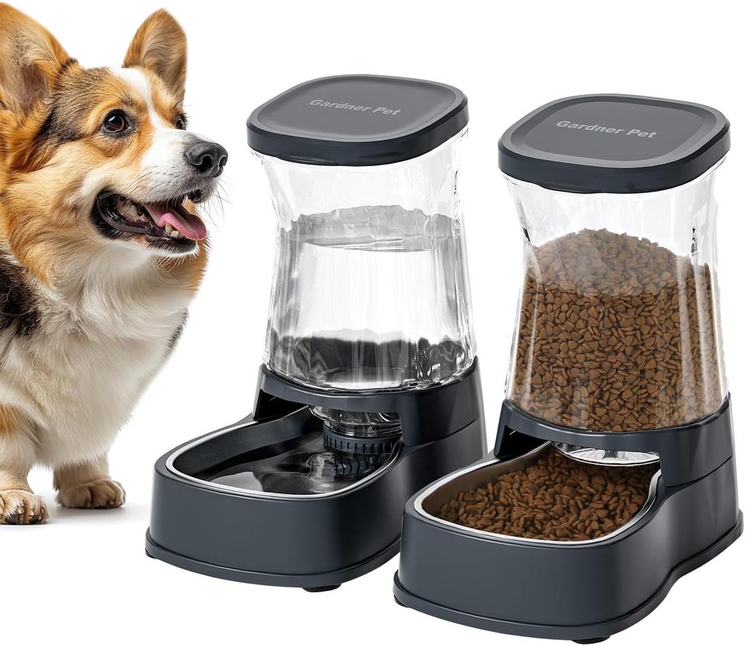 Gardner Pet Automatic Dog Water Dispenser Gravity Stainless Steel Waterer & Food Feeder Set, 100% BPA Free Large Capacity Feeding Bowls for Medium & Large-Sized Dogs Cats Other Pets -(1 Gallon x2) (Dark Grey-Sets)