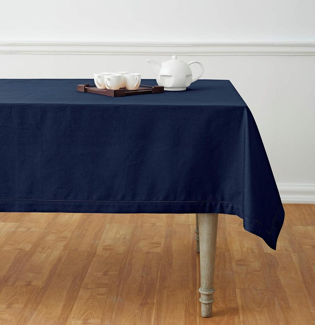 Solino Home Navy Blue Tablecloth 58 x 84 Inch - Cotton Linen Hemstitch Rectangular Tablecloth - Machine Washable Table Cloth for Fall, Autumn, Thanksgiving, Christmas, Holiday