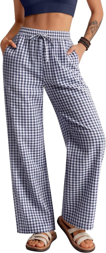 Neer Women's Striped Gingham Pants Cotton Plaid Pajama Lounge Boxer Pants Drawstring Pj Bottoms Wide Leg Trousers with Pocket (Black)  XXL