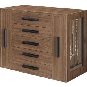 HOOBRO 5-Tier Jewelry Box, Wooden Jewelry Organizer with Transparent Windows, Jewelry Storage Box with 2 Vertical Drawers, for Earring, Necklace, Bracelet, Ring, Watch, Walnut and Black BH19JB04