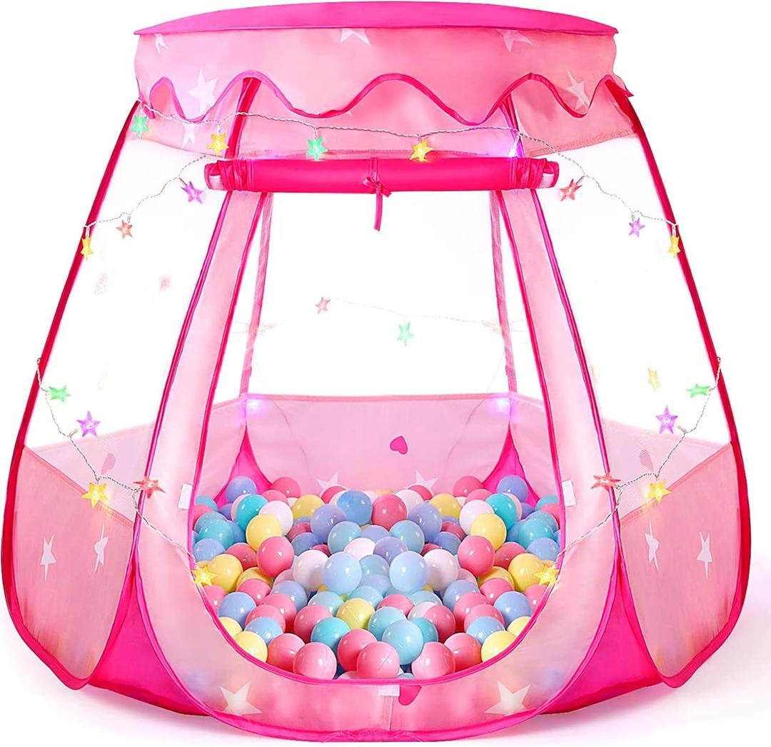 Pop Up Princess Tent with Colorful Star Lights for 1 2 3 Year Old Birthday Gift, 12-18 Months Baby Girl Toys, Foldable Ball Pit with Carrying Bag, Indoor&Outdoor Play Tent for Kids (Pink)