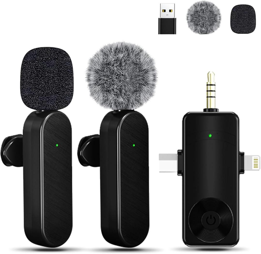 Mini Microphone for iPhone Android Camera iPad USB-C, 4 in 1 Professional Wireless Lavalier Lapel Microphone for Recording, Live Stream, YouTube, Facebook, TikTok, Vlog (2 Pcs)