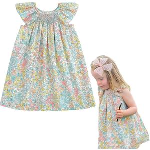 Simplee kids Baby Girls Casual Dress Toddler Smocking Dress Floral Print Sundress for Spring Summer (3T, A-pink Blue)