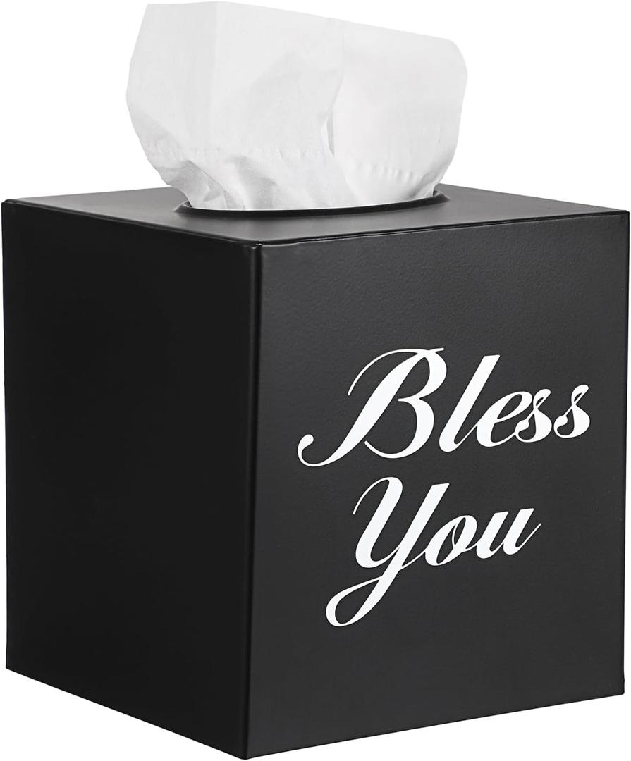 Sumnacon Tissue Box Cover Square, Bless You Tissue Holders, Decorative Tissue Box Holder Open Bottom, Cube Metal Tissue Cover for Bathroom, Bedroom, Living Room, Office, Tabletop, Gift Option, Black