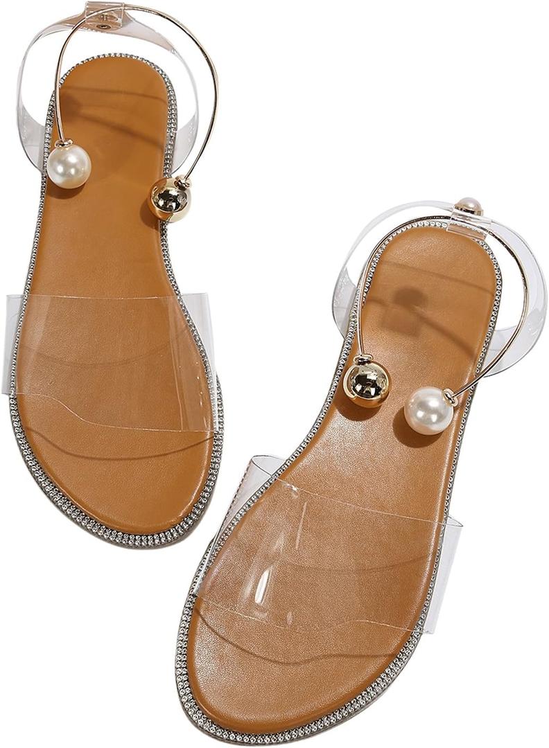 OYOANGLE Women's Pearl Decor Clear Straps Open Toe Flat Sandals Leather Outdoor Beach Sandals (6, Apricot)