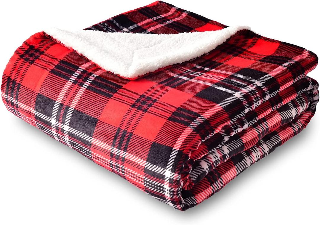 SOCHOW Sherpa Plaid Fleece Throw Blanket, Double-Sided Super Soft Luxurious Bedding Blanket 50 x 60 inches, Red/Grey