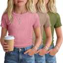 3 Pack Girls Short Sleeve Slim Fit Tops | Cotton, Tight, Ribbed Knit, Crewneck, Round Neck, Cute, Casual, Basic Tees, Solid, Plain, Summer, Versatile, Comfortable