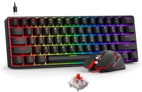 BlueFinger 60% Mechanical Gaming Keyboard and Mouse Combo - RGB Rainbow Backlit 61 Keys Red Switch Keyboard & 4 DPI LED Gaming Mouse, USB Wired Set for PC Laptop Xbox PS4 PS5, Black