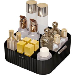 DASITON Acrylic Makeup Organizer,9 Slots Makeup Brush Holder,Makeup Storage with Handle,Vintage Striped Cosmetic Organizer for Desk Storage Container,Vanity,Bathroom(Black)