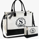 BeeGreen Gifts for Women, Initial Tote Bag for Her Mother Coworkes Teacher, Personalized Birthday Bags with Make-up Bag, Large Canvas Totes with Zipper and Shoulder Straps Letter S