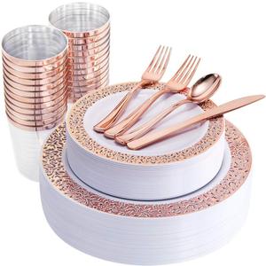 WELLIFE 175 Pieces Rose Gold Plastic Dinnerware,Rose Gold Dinnerware Set Include: 25 Dinner Plates 10.25", 25 Salad Plates 7.5", 25 Cups, 50 Forks, 25 Knives and 25 Spoons for Party