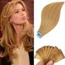 Ash Blonde Tape in Hair Extensions Human Hair Invisible Seamless Tape in Human Hair Extensions Double Side Remy Hair for Women (14 Inch-20pcs-30 Gram, #27 Caramel Blonde)