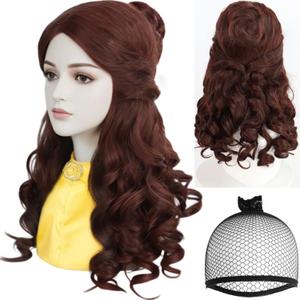 JoneTing Brown Curly Wig +Wig Cap Princess Wig with Bun for Adult Brown Synthetic Long Natural Brown Wavy Wigs Hair for Women Cosplay for Halloween Peluca Marrn Christmas Party Wig for Cosplay