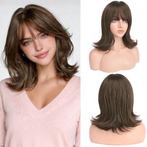Haloo Brown Short Bob Wigs with Bangs Shoulder Length Wavy Layered Flipped Ends Natural Looking Medium Synthetic Hair Wig for Women Daily Party, 14 Inch Brown with Highlights