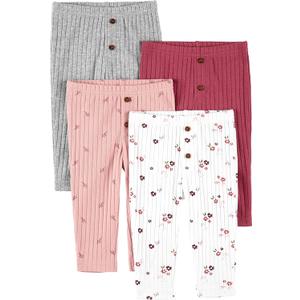 Simple Joys by Carter's Baby Girls' 4-Pack Pant (0-3 Months, Grey/Pink/Plum/White Flowers)