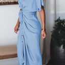 Women Elegant Satin Button Down Short Sleeve Maxi Shirt Dress with Belt (Blue, M)