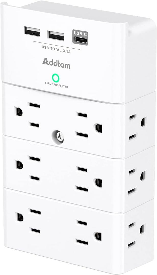 Multi Plug Outlet - Addtam Surge Protector Wall Mount with 12 Outlet Extender- 3 Sides and 3 USB Ports (1 USB-C), Outlet Splitter Power Strip for Home, Office, Hotel, White (1C2A No PD)