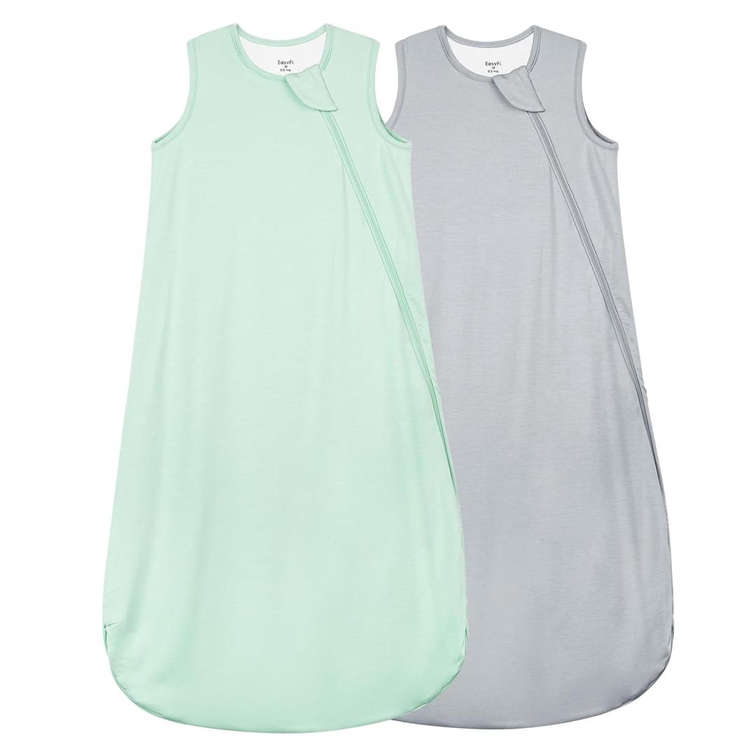 Supersoft Rayon Made from Bamboo Sleep Sack 6-12 Months 0.5 Tog Lightweight Toddler Sleep Sack Baby Wearable Blanket with 2-Way Zipper Summer Unisex Sleeping Bag for Babies (2 Pack) Green & Gray