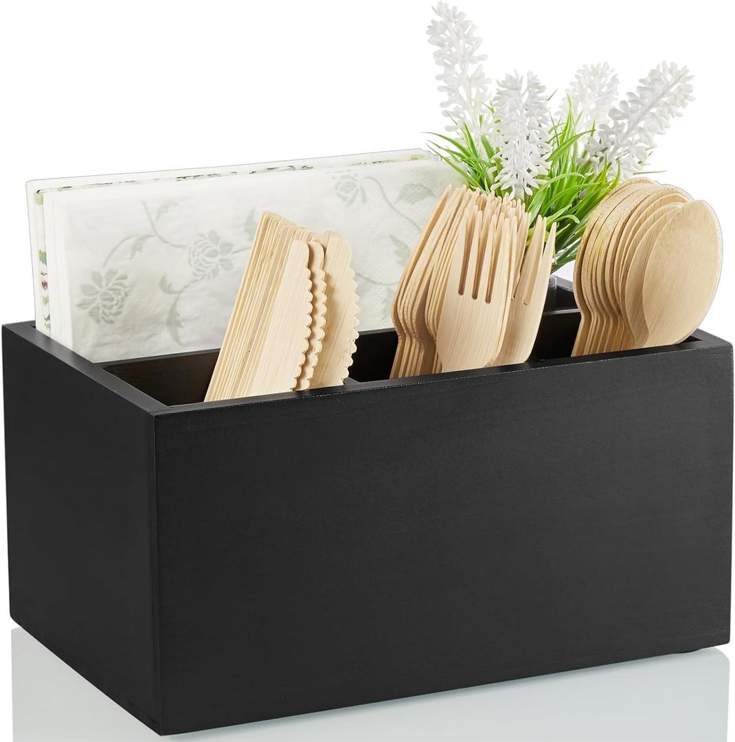 DRASTAR Silverware Caddy, Wooden Utensil Holder, Picnic Cutlery Holder, Black Silverware Holder, Plastic Silverware Caddy for Party, Countertop, Camping (Small)
