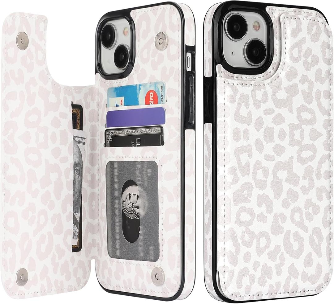 HAOPINSH iPhone 15 Plus Case Wallet - Flip Folio PU Leather Kickstand Card Slots Case for Women Girls, Double Magnetic Clasp, White Leopard Cheetah Pattern, 6.7