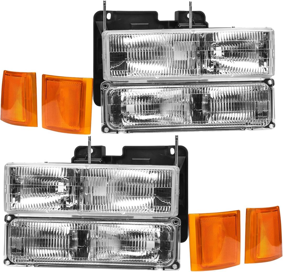 Pair Kit Headlights Assembly For 1994 1995 1996 1997 1998 1999 OBS Chevy Silverado OBS C/K Series 1500/2500/3500,94-98 Tahoe/Suburban Replacement Headlamp With Bumper Light