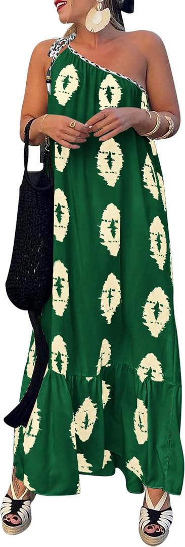 PRETTYGARDEN Women's 2026 Summer One Shoulder Maxi Dress Printed Flowy Boho Long Sundresses Spring Beach Vacation Clothes (Green, XL)